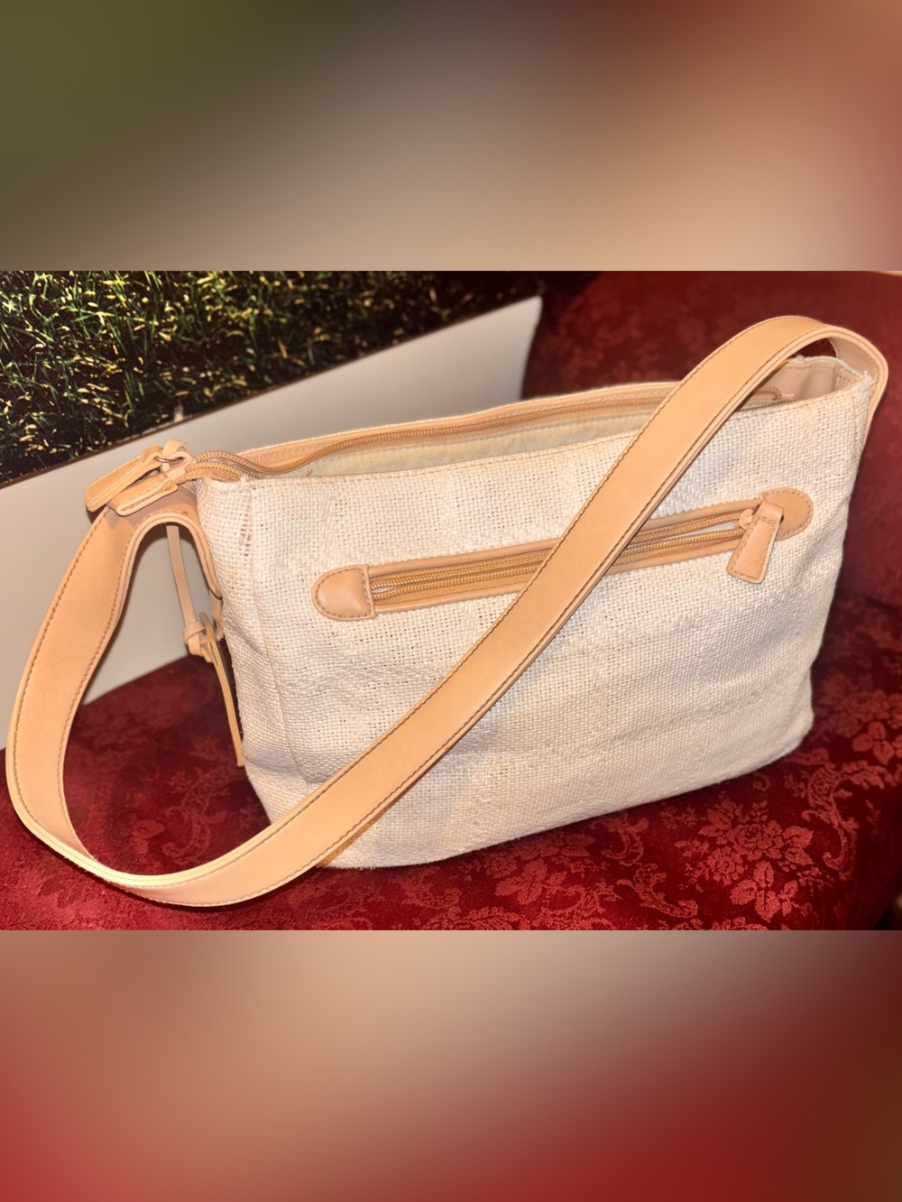 Stone Mountain Accessories Beige Woven Shoulder Bag with Tan Trim